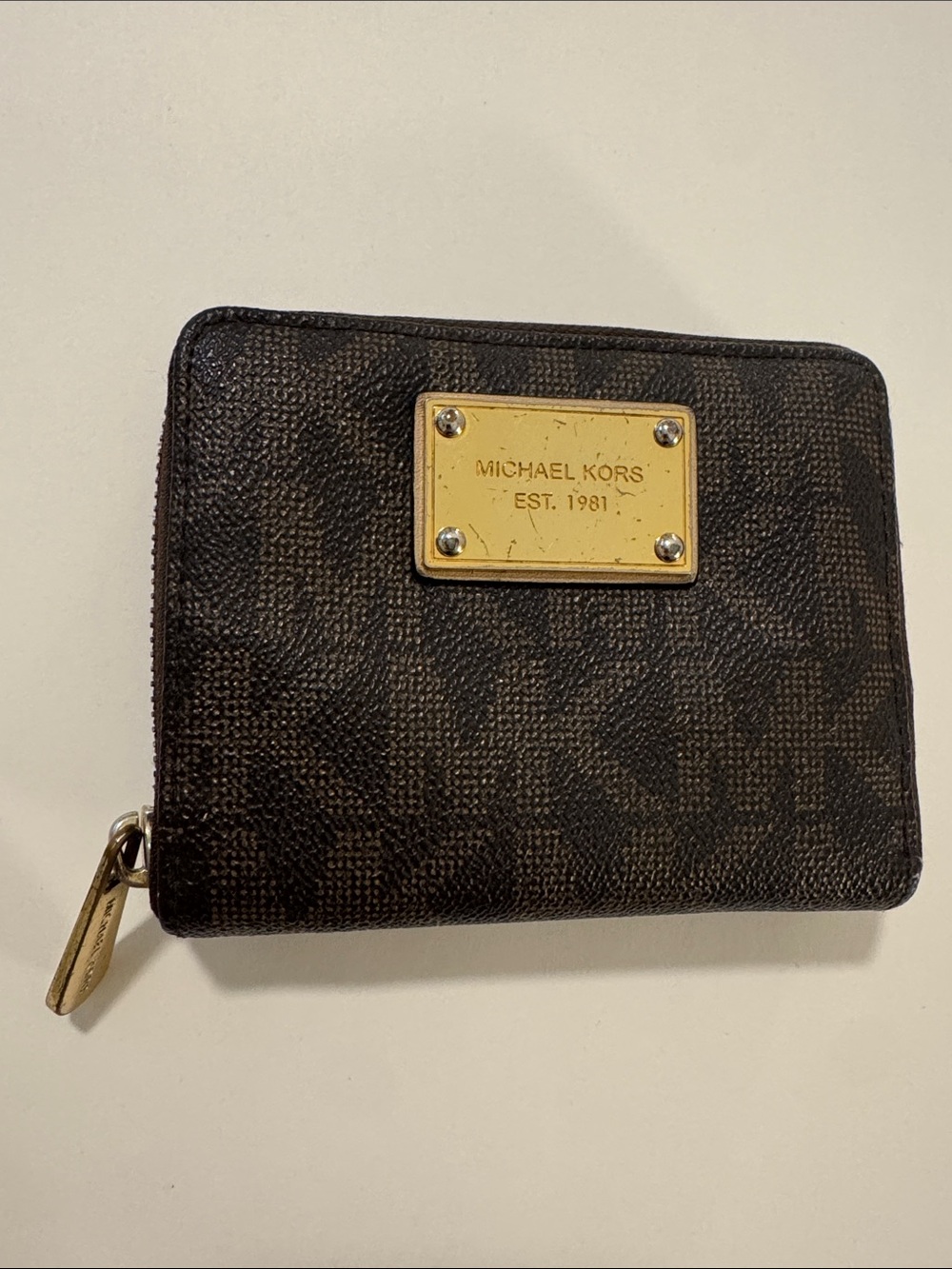 Michael Kors Dark Brown Monogram Zip Wallet with Gold Plaque